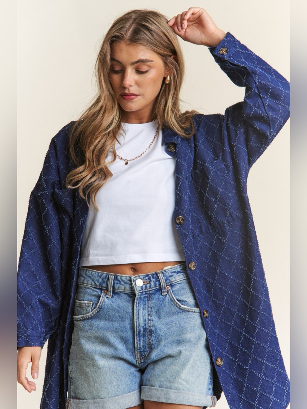 J.NNA Rhombus Stitched Button Up Denim Shacket - Picture 4 of 5